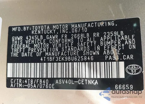 2011 Toyota Camry Le из США, поврежденный, VIN 4T1BF3EK9BU625846